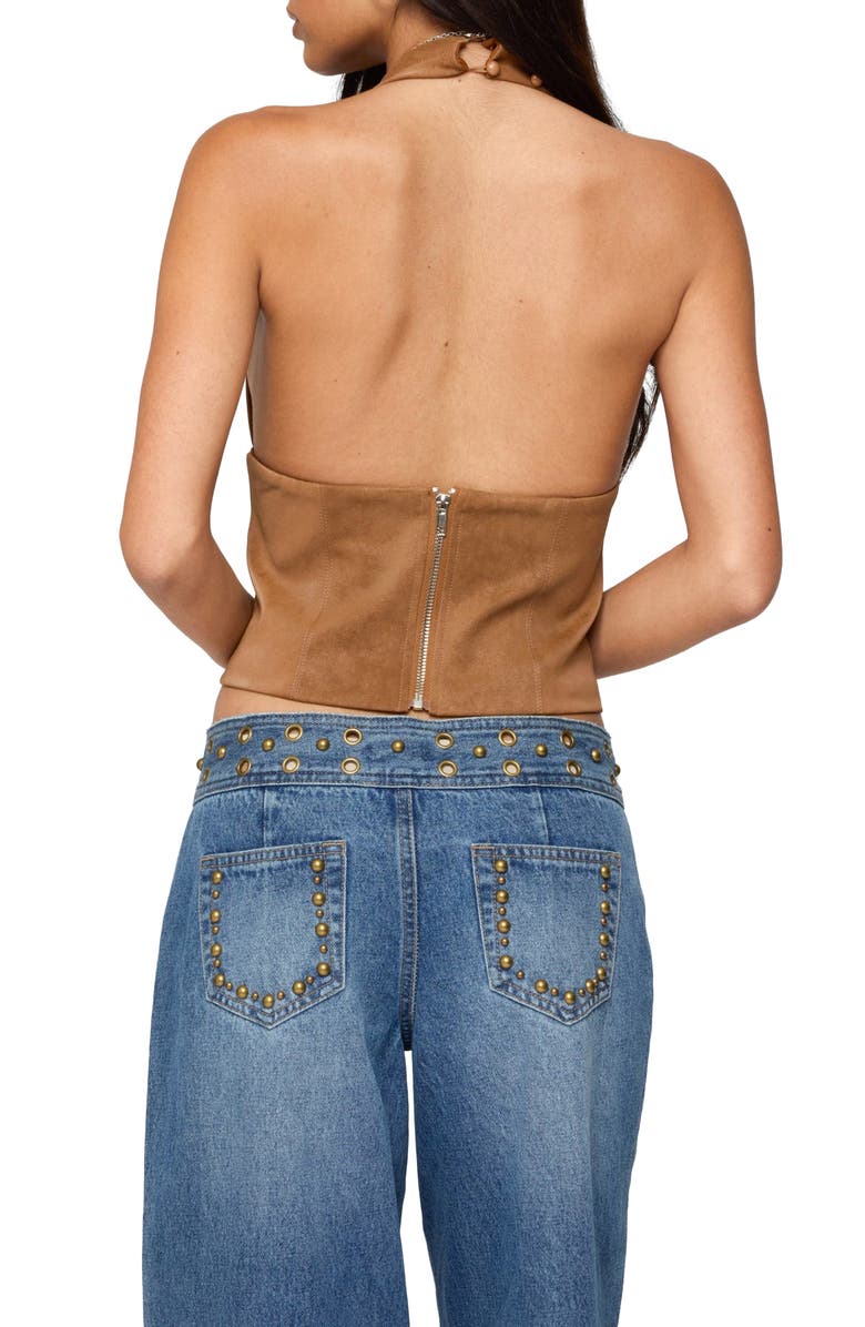 EDIKTED Xaria Studded Faux Suede Halter Top, Alternate, color, Brown
