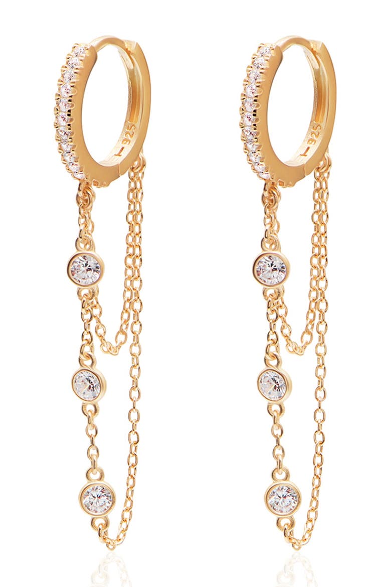 14K Yellow Gold Sterling Silver Pave CZ Huggie Hoop & Dangle Earrings, Main, color, GOLD