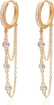 GABI RIELLE 14K Yellow Gold Sterling Silver Pave CZ Huggie Hoop & Dangle Earrings
