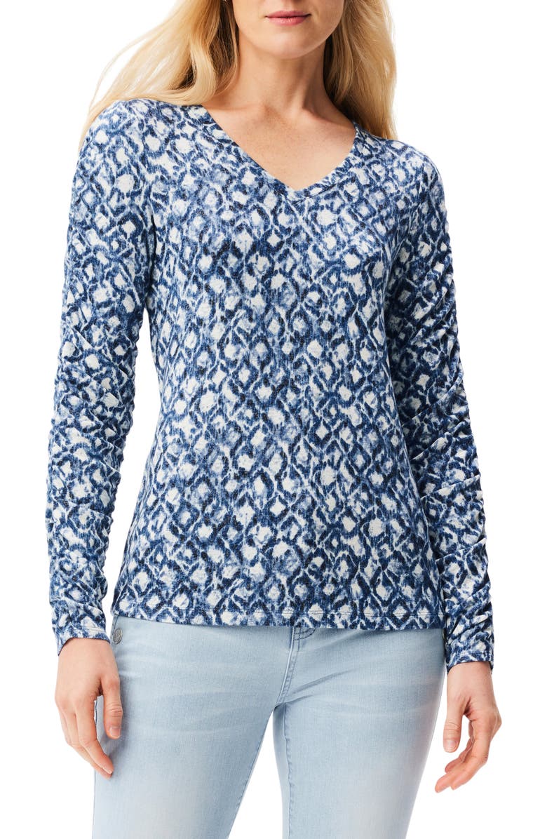 NZT by NIC+ZOE Sweet Dreams Batik Print Ruched Sleeve V-Neck Top, Main, color,