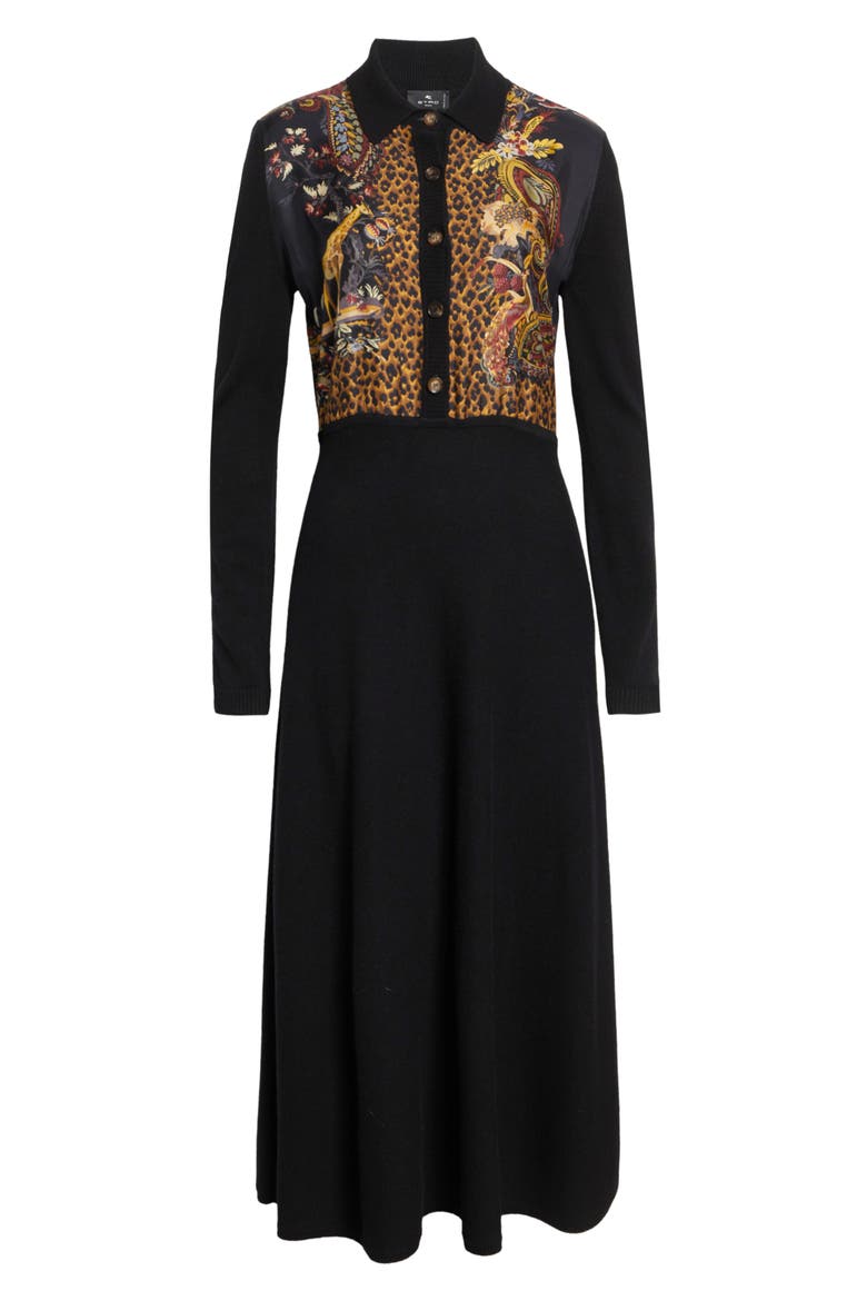 Mixed Media Long Sleeve Wool & Cashmere Midi Sweater Dress, Alternate, color, BLACK