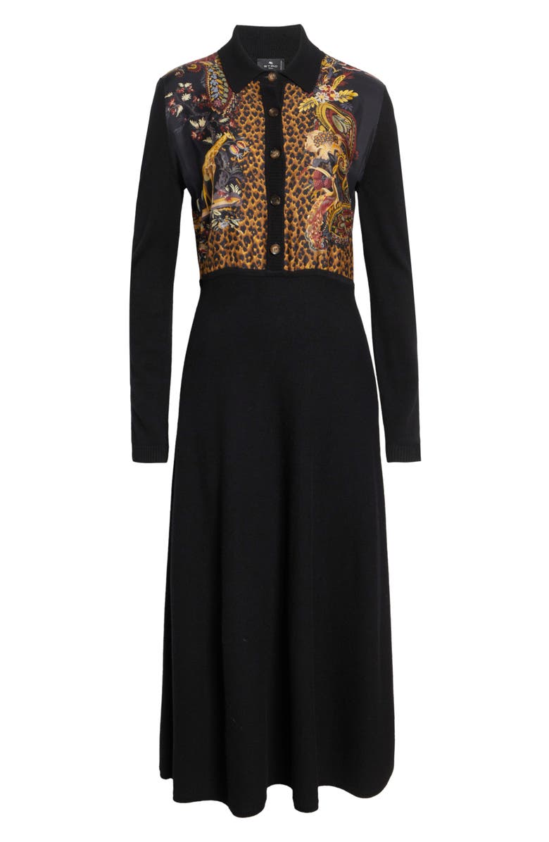 Etro Mixed Media Long Sleeve Wool & Cashmere Midi Sweater Dress, Alternate, color, Black