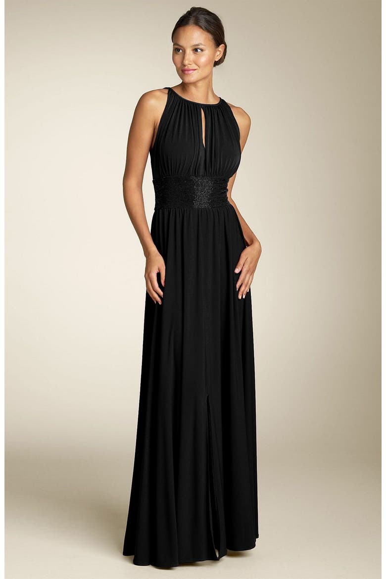 Cutaway Shoulder Beaded Waist Gown, Main, color, BLACK