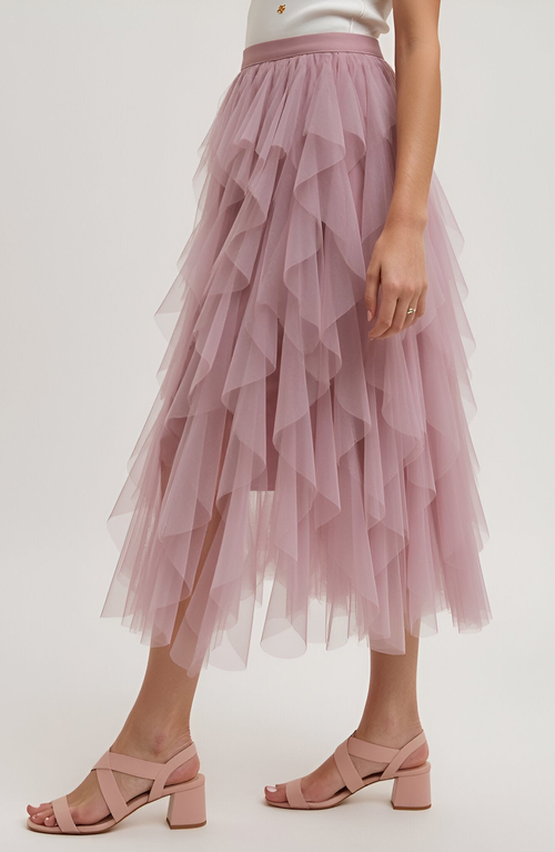 Modenaire Tiered Tulle Midi Skirt With Layered Ruffle Detail And Elastic Waistband In Pink