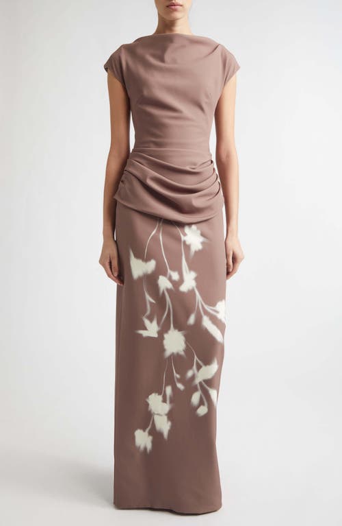 Lela Rose Floral Crepe Boat Neck Gown In Clay