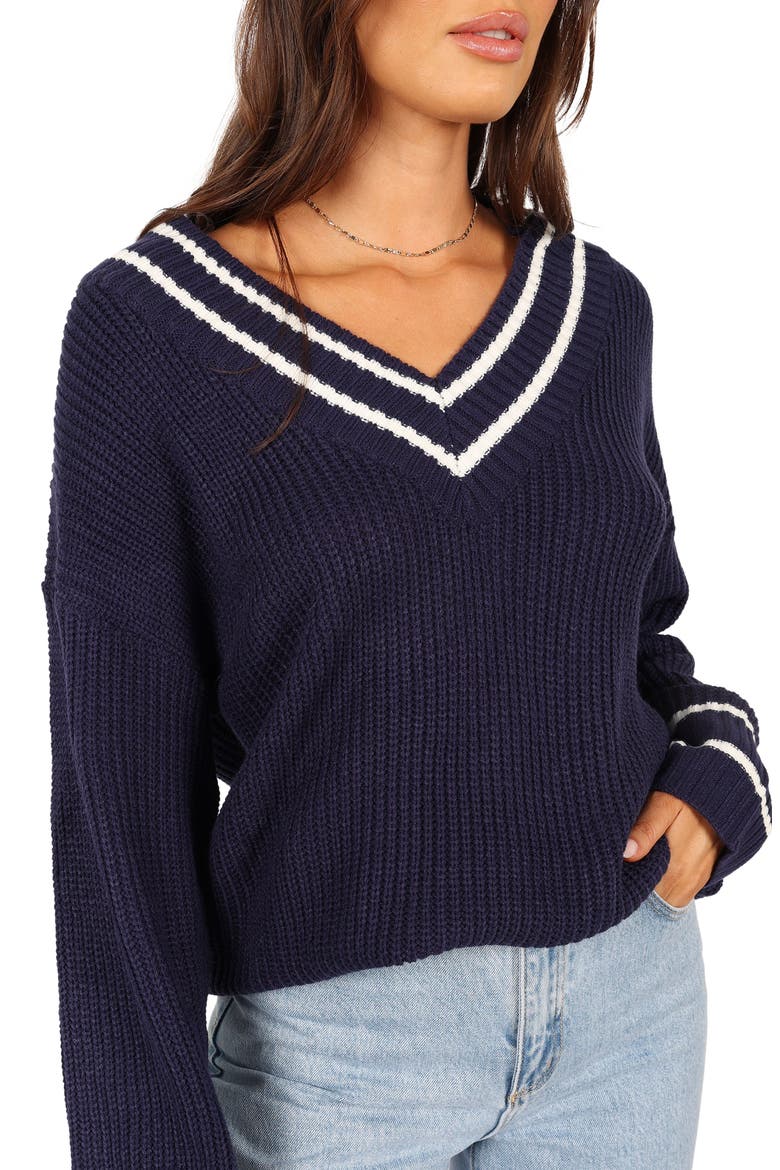 Leanna Stripe Trim Sweater, Alternate, color, NAVY