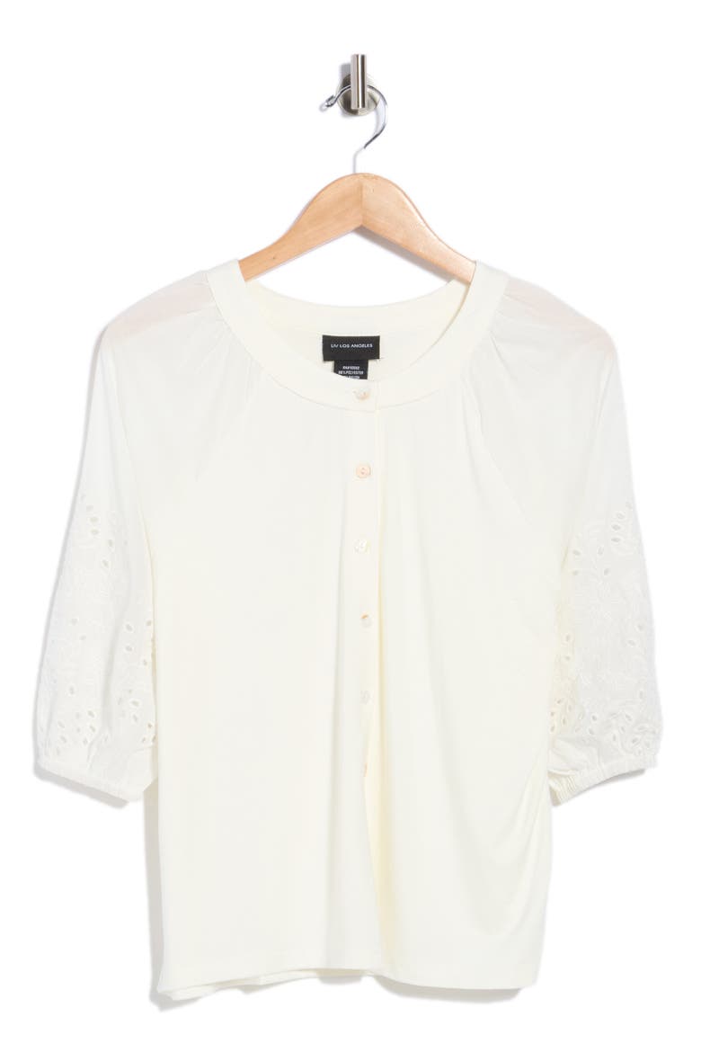 Eyelet Sleeve Button Front Top, Main, color, WHITE