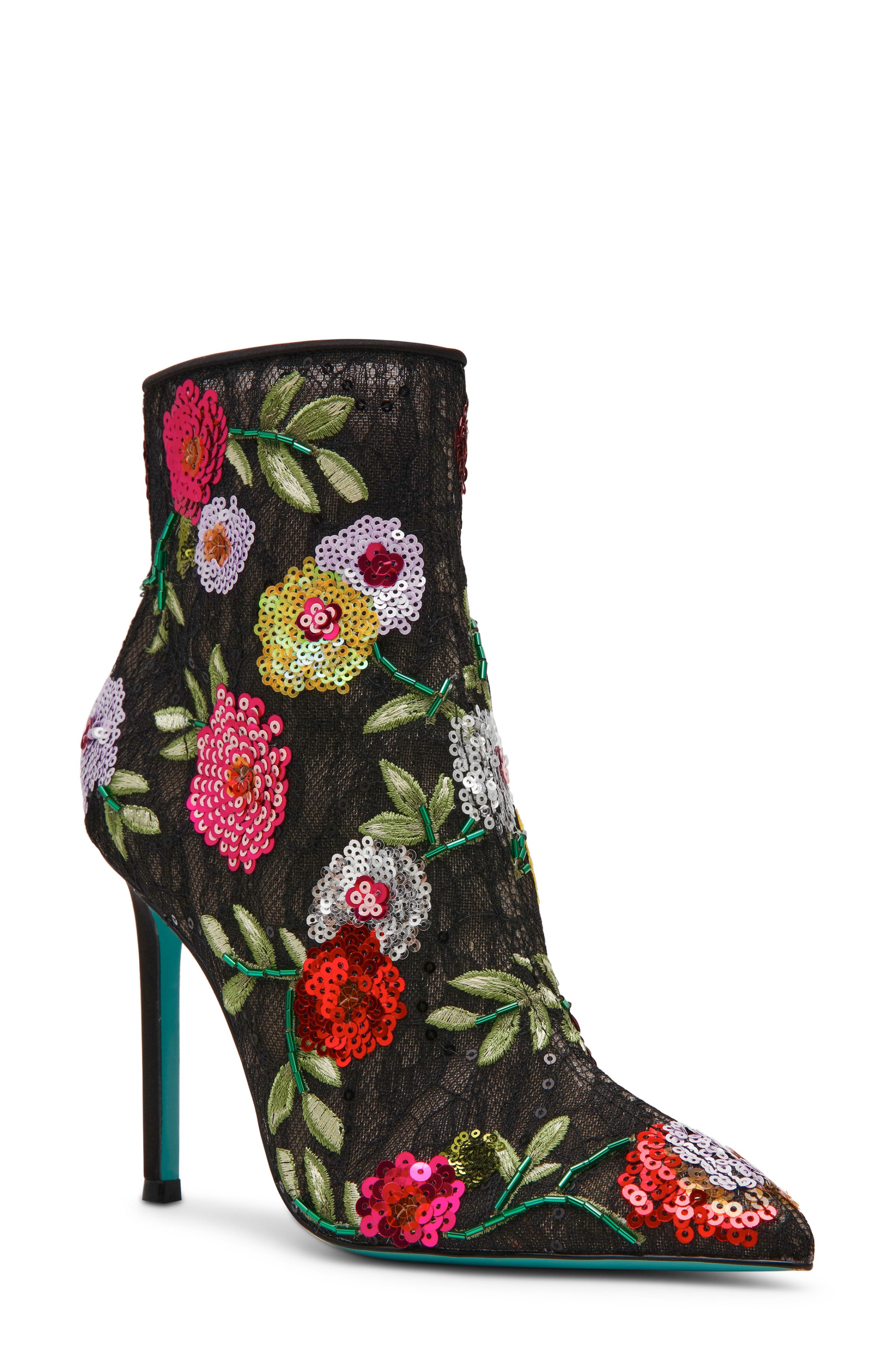Kasa Sequin Lace Pointed Toe Bootie, Main, color, BLACK FLORAL