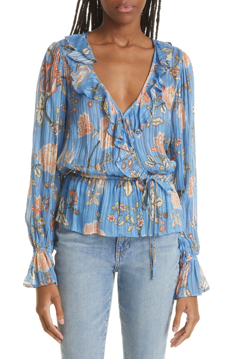 Ramy Brook Veronica Floral Metallic Ruffle Blouse, Main, color, 
