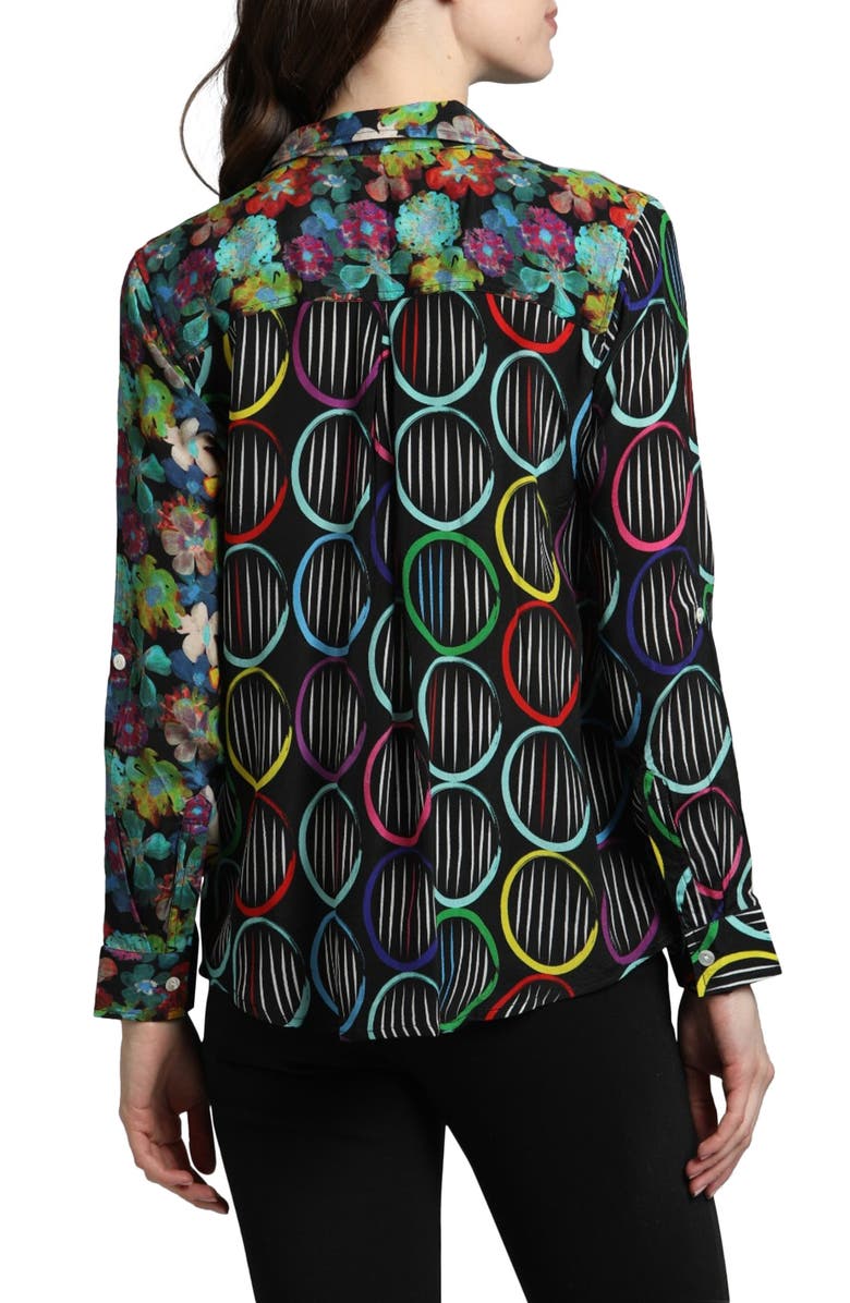 APNY Abstract Print Roll Tab Sleeve Chiffon Button-Up Shirt, Alternate, color, Black Multi
