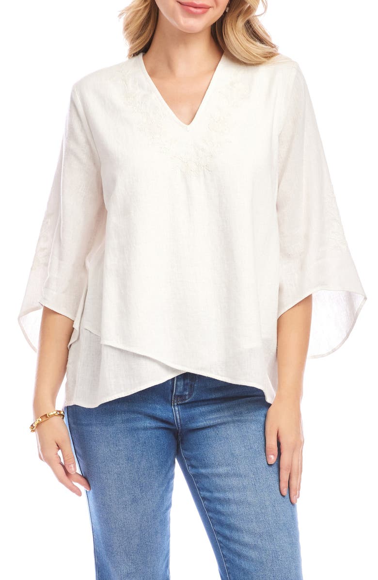 Karen Kane Floral Embroidery Detail Linen Blend Top, Main, color, Off White