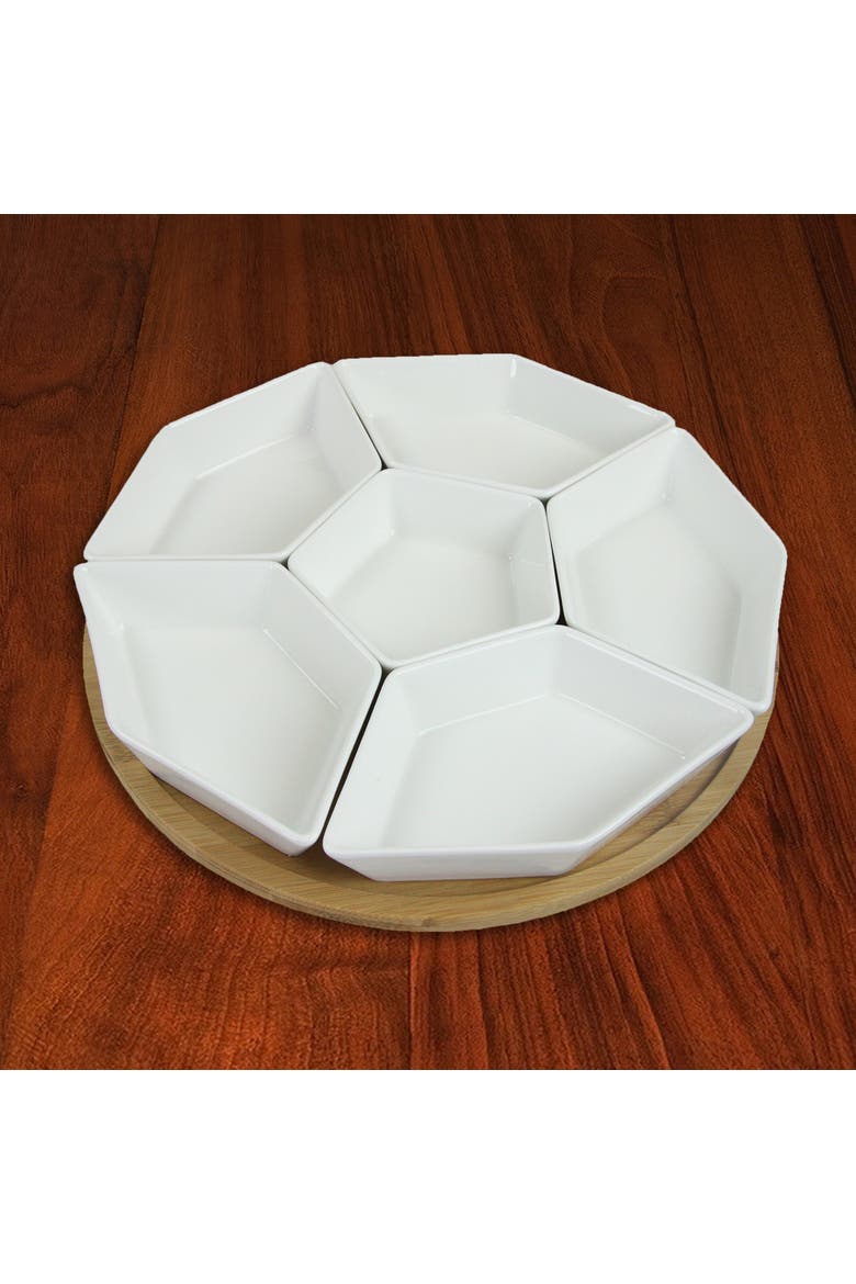 12 Inch 7-Piece Condiment Server Set with a Wood Lazy Suzan Serving Tray, Alternate, color, White