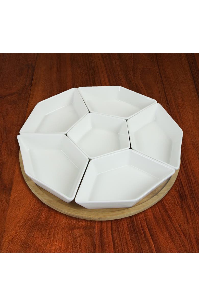 Elama Signature 12 Inch 7-Piece Condiment Server Set with a Wood Lazy Suzan Serving Tray, Alternate, color, White