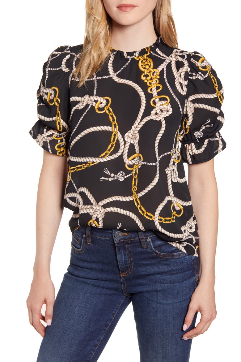 Gibson Rebecca Ruffle Puff Sleeve Blouse, Main, color, GOLD CHAIN