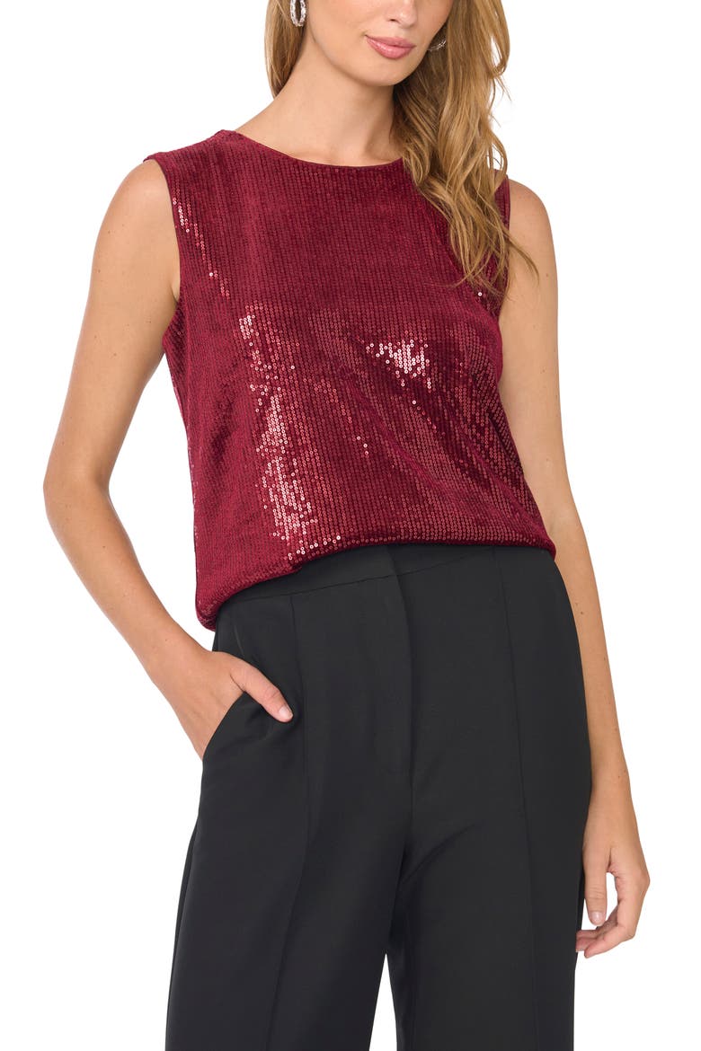 Asymmetrical Neck Sequin Top, Main, color, EARTH RED