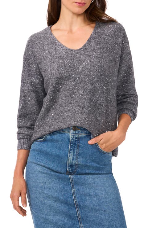 Sequin Detail V-Neck Sweater (Regular & Petite)