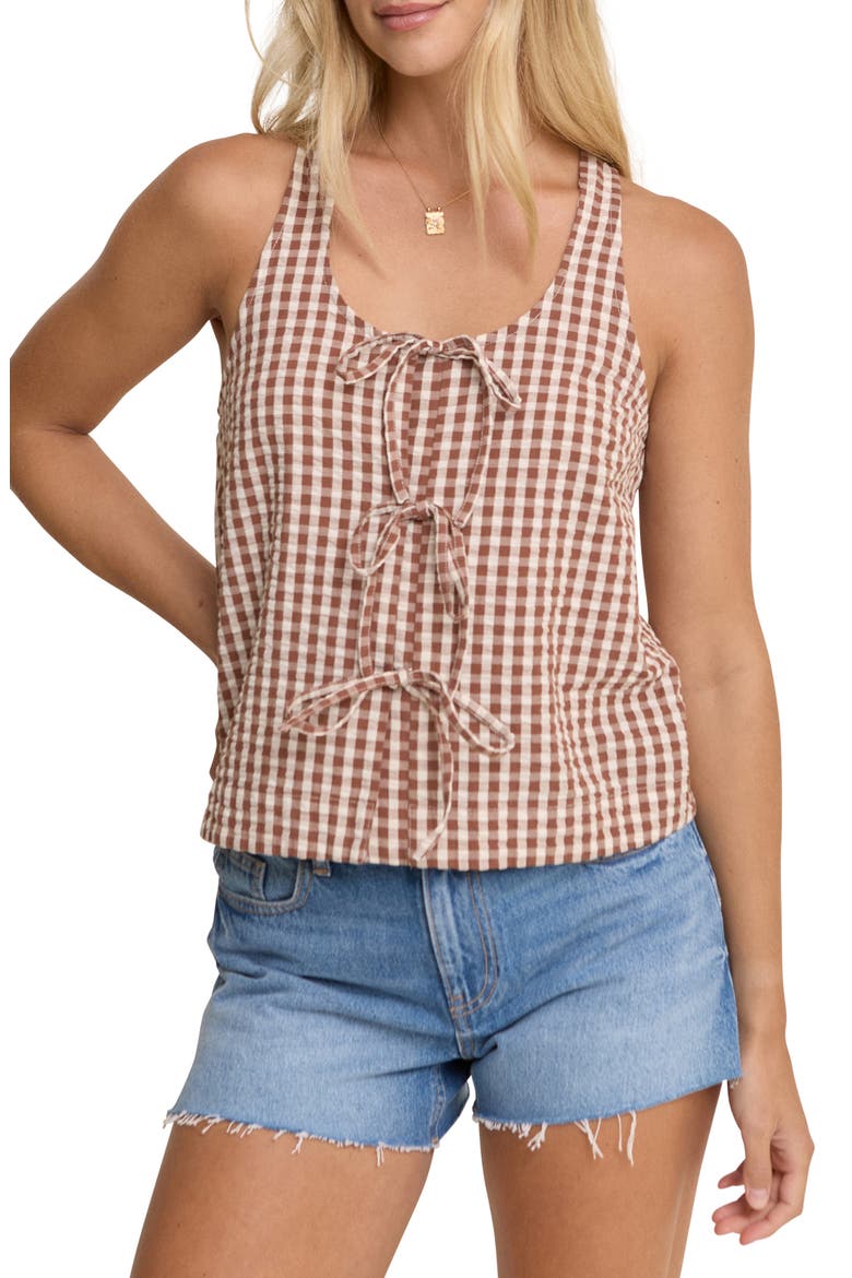 Thea Gingham Tie Front Cotton Top, Main, color, BROWN