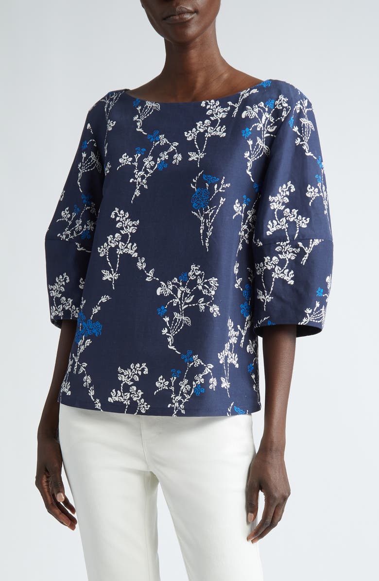 Lafayette 148 New York Floral Lantern Sleeve Silk & Linen Top, Main, color,