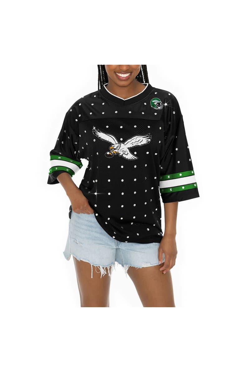 GAMEDAY COUTURE Women's Gameday Couture Black Philadelphia Eagles Kickoff Time Allover Rhinestone Sports Stripe Jersey V-Neck T-Shirt, Main, color, 