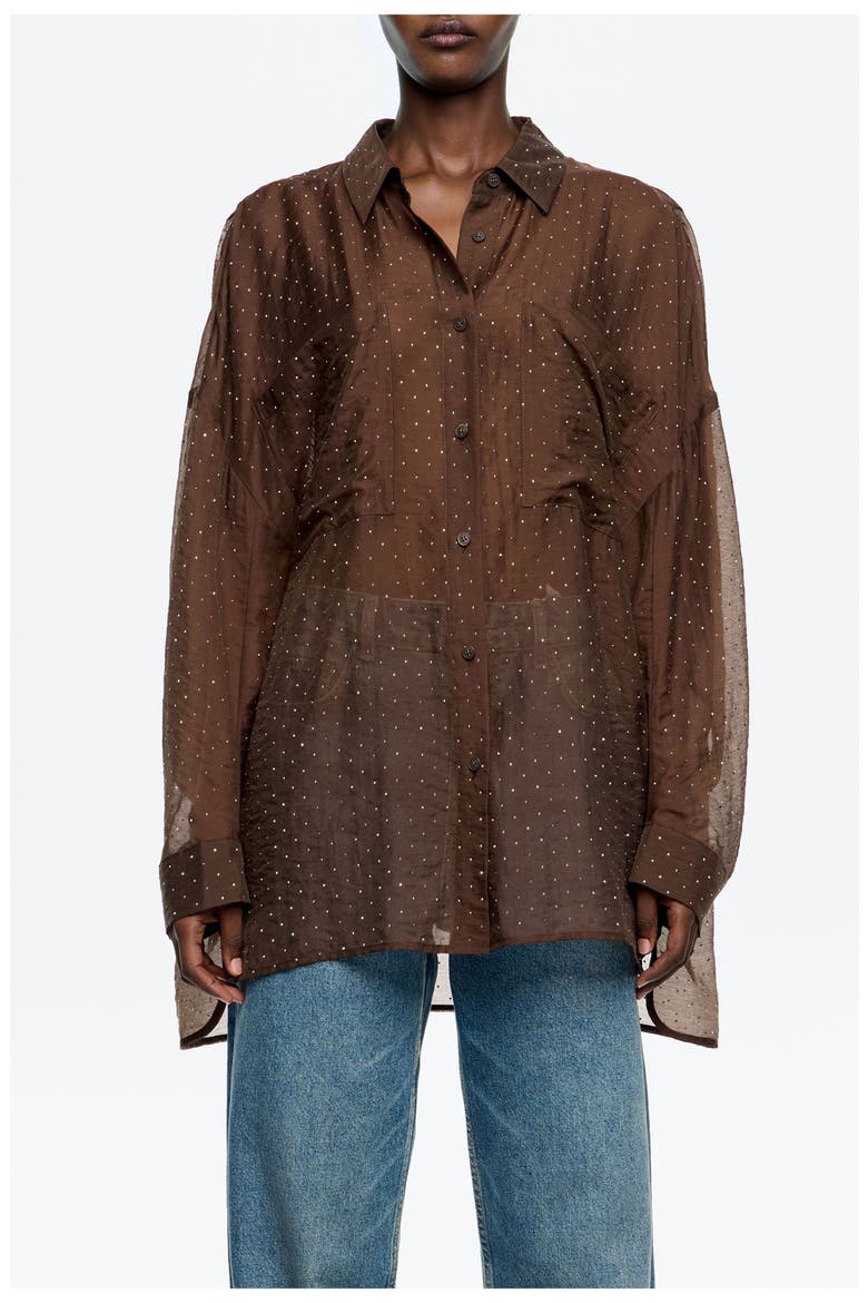 Oversize Shirt With Mini Rhinestones, Main, color, DARK BROWN