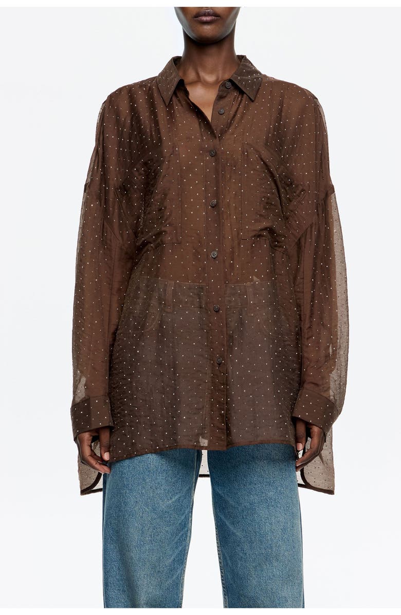 Bimba y Lola Oversize Shirt With Mini Rhinestones, Main, color, Dark Brown