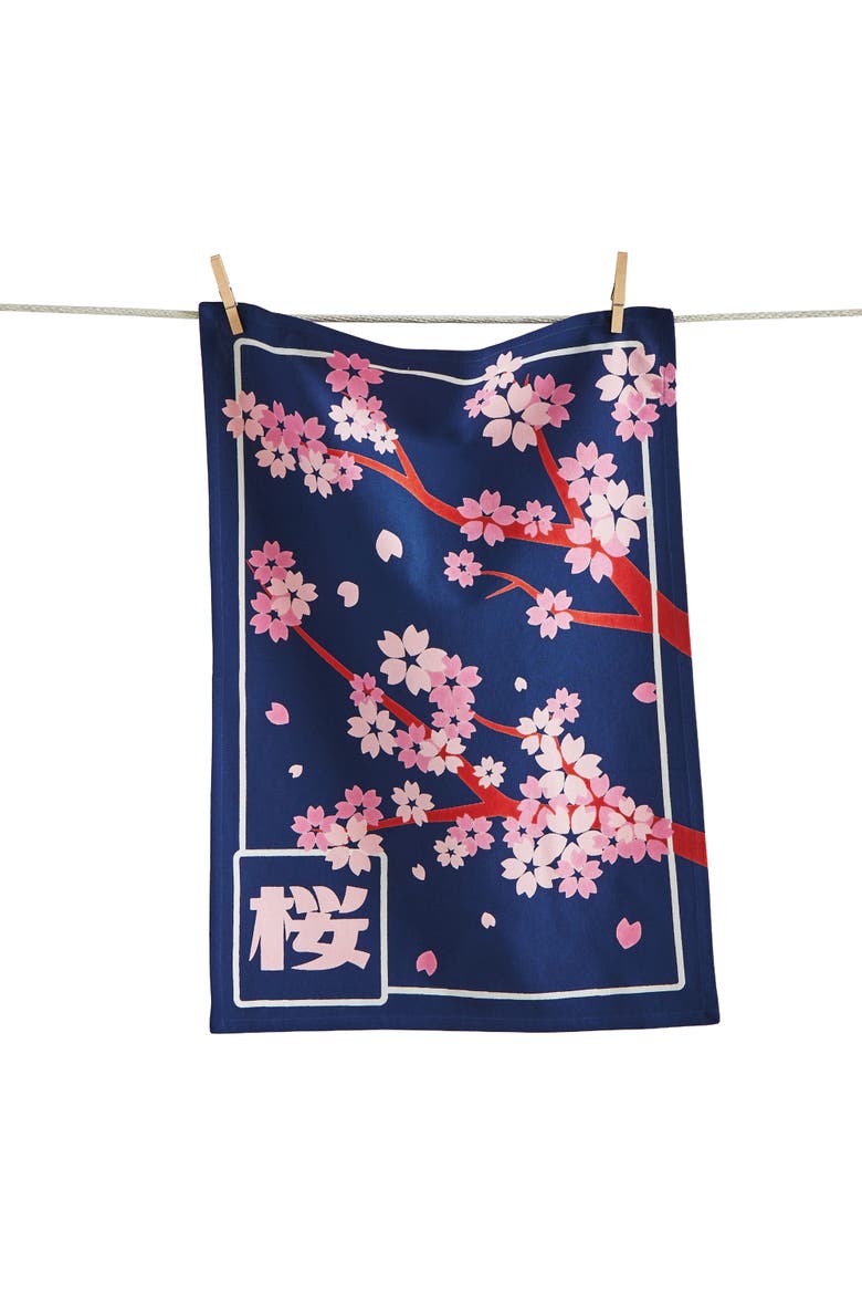 Cherry Blossom Dishtowel Multi Cotton Everyday, Main, color, Blue