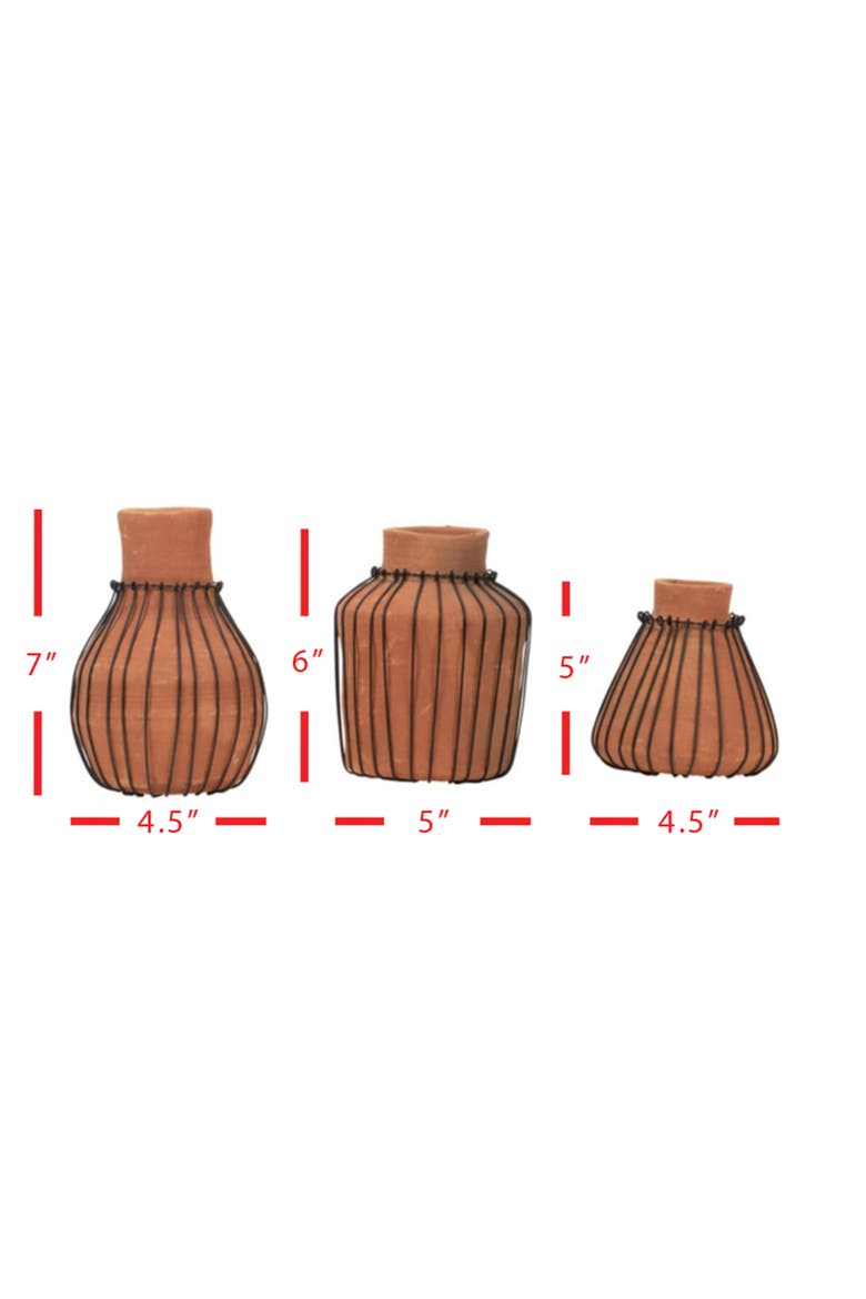 Set of 3 Natural Terracotta and Wire Decorative Bud Vases, Alternate, color, Brown