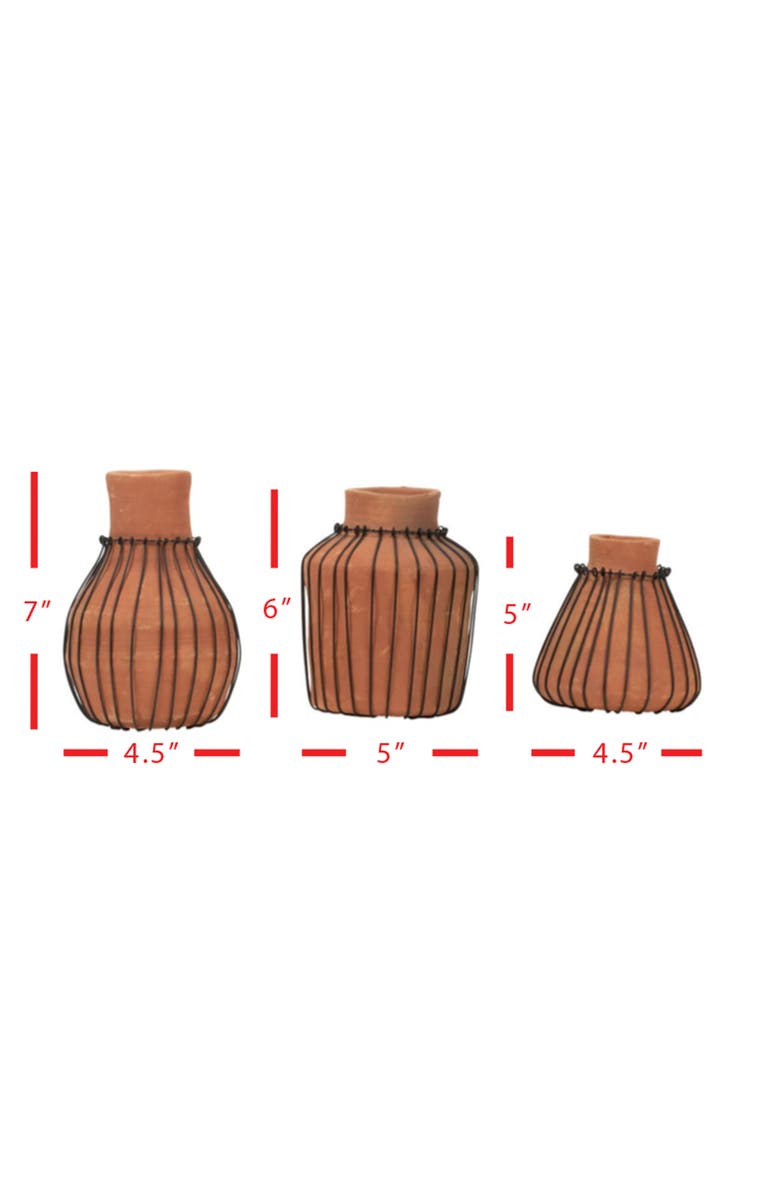 Foreside Home and Garden Set of 3 Natural Terracotta and Wire Decorative Bud Vases, Alternate, color, Brown