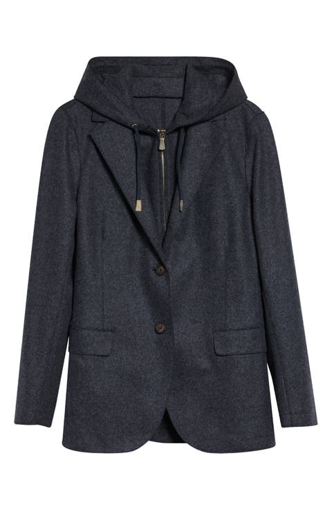Wool Blend Flannel Blazer with Removable Hooded Bib