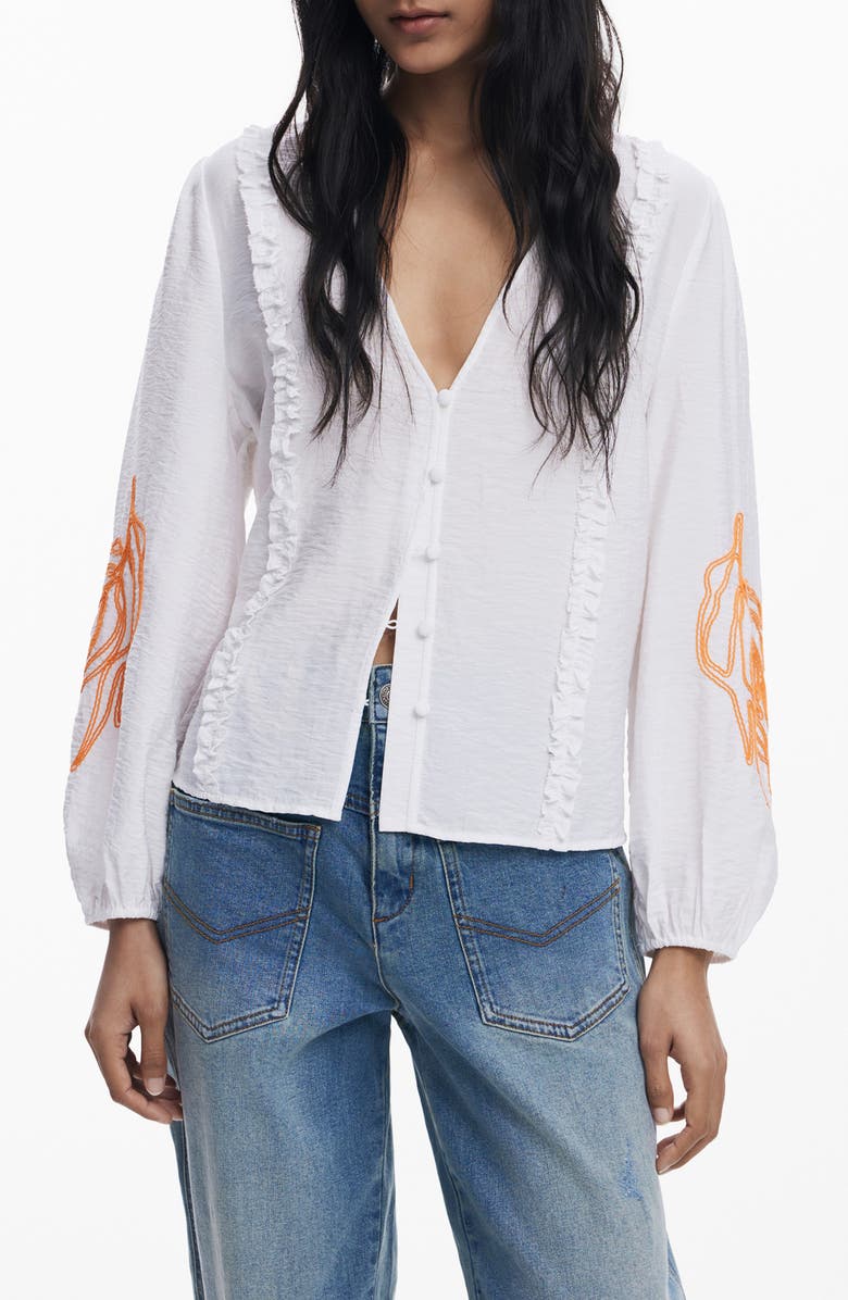 Desigual Embroidered Hammered Satin Top, Main, color, White