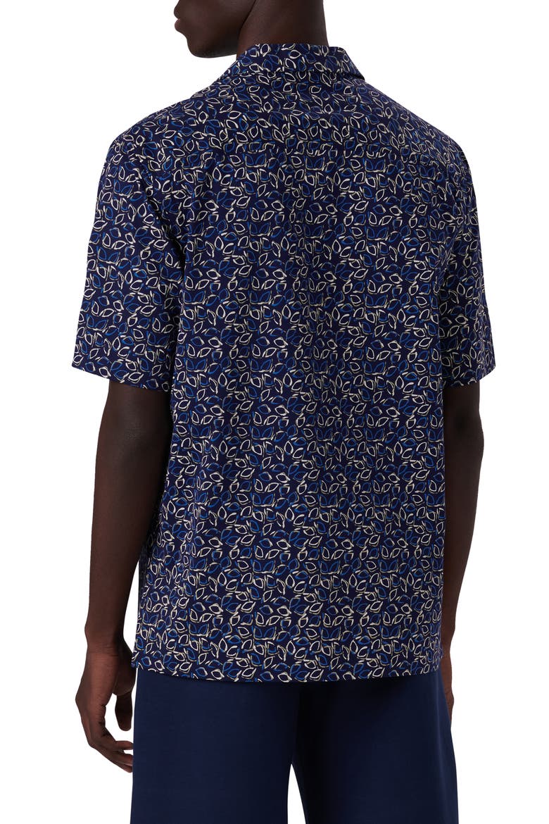 OoohCotton® Tech Leaf Print Knit Short Sleeve Button-Up Camp Shirt, Alternate, color, NAVY