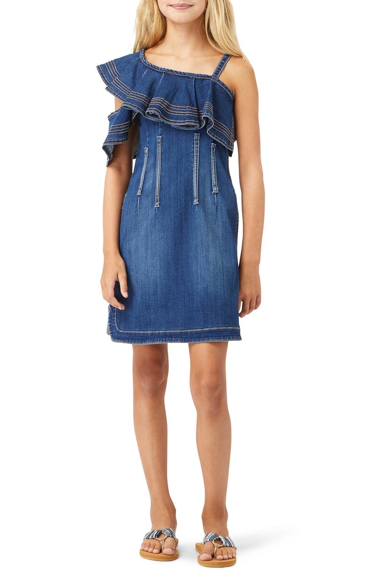 Habitual Ruffle Cold-Shoulder Denim Dress, Alternate, color, DARK STONE
