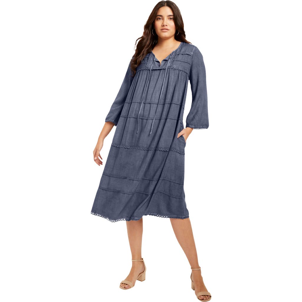 June + Vie Acid Wash Peasant Dress In Blue