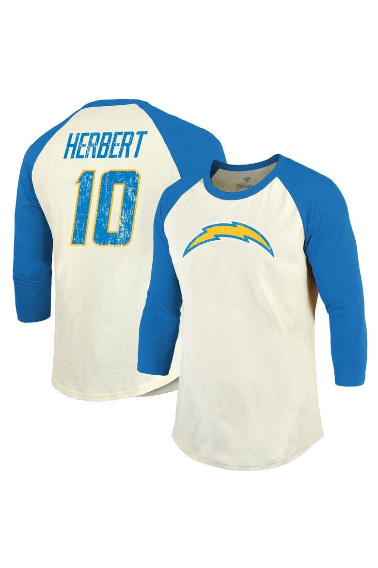 Men's Majestic Threads Justin Herbert Cream/Powder Blue Los Angeles Chargers Vintage Player Name & Number 3/4-Sleeve Fitted T-Shirt, Main, color, Cream
