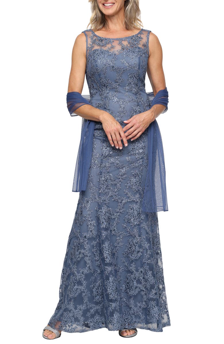 Alex Evenings Sequin Sleeveless Gown with Shawl, Main, color, Vintage Blue