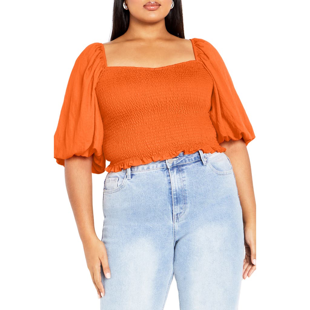 City Chic Poppie Smocked Puff Sleeve Top In Orange