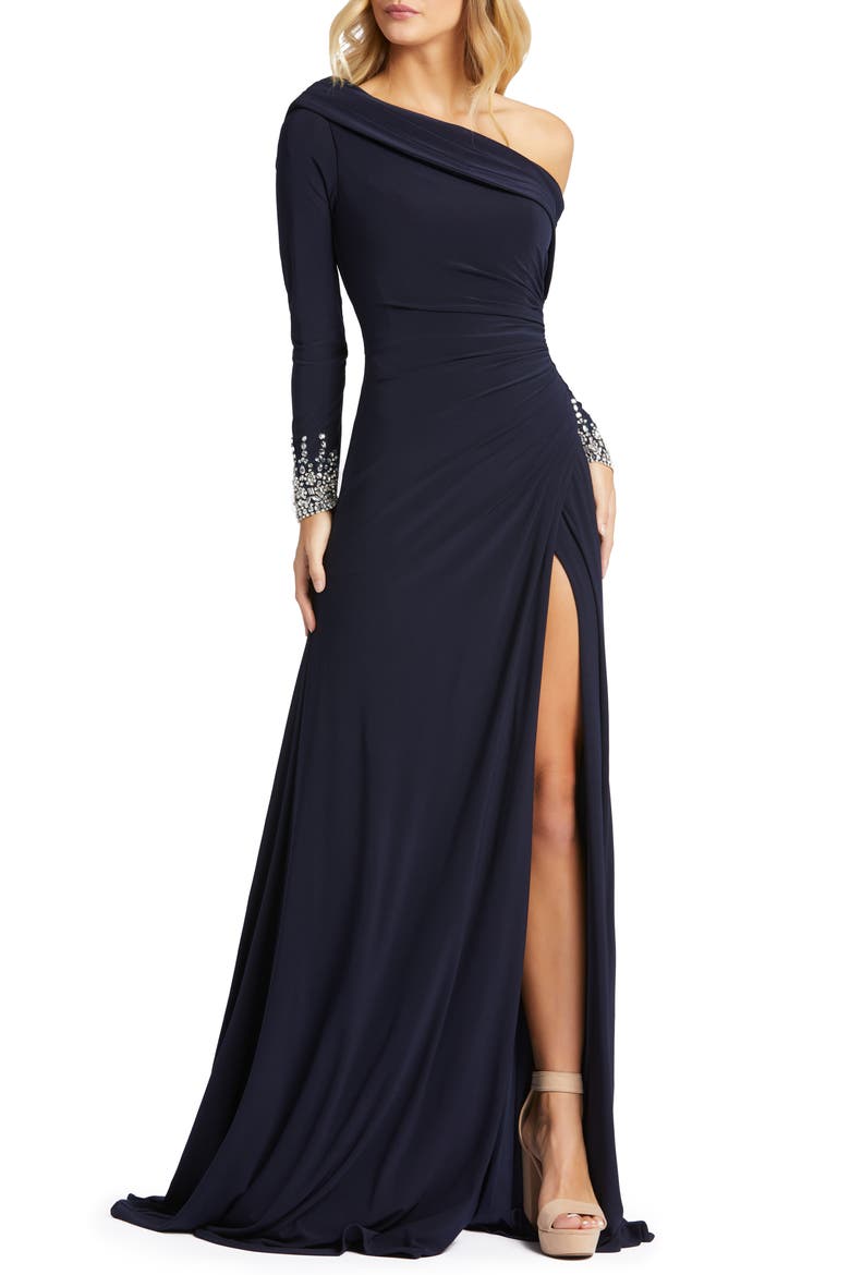 Jeweled Cuff Drop Shoulder Faux Wrap Gown, Main, color, MIDNIGHT