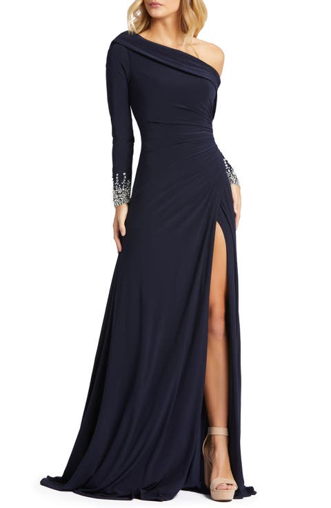 Women's Drop Shoulder Faux Wrap Gown with Beaded Cuffs