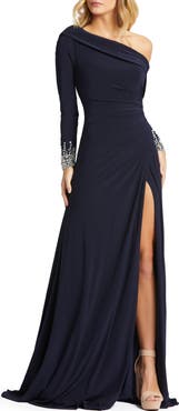 Mac Duggal Jeweled Cuff Drop Shoulder Faux Wrap Gown