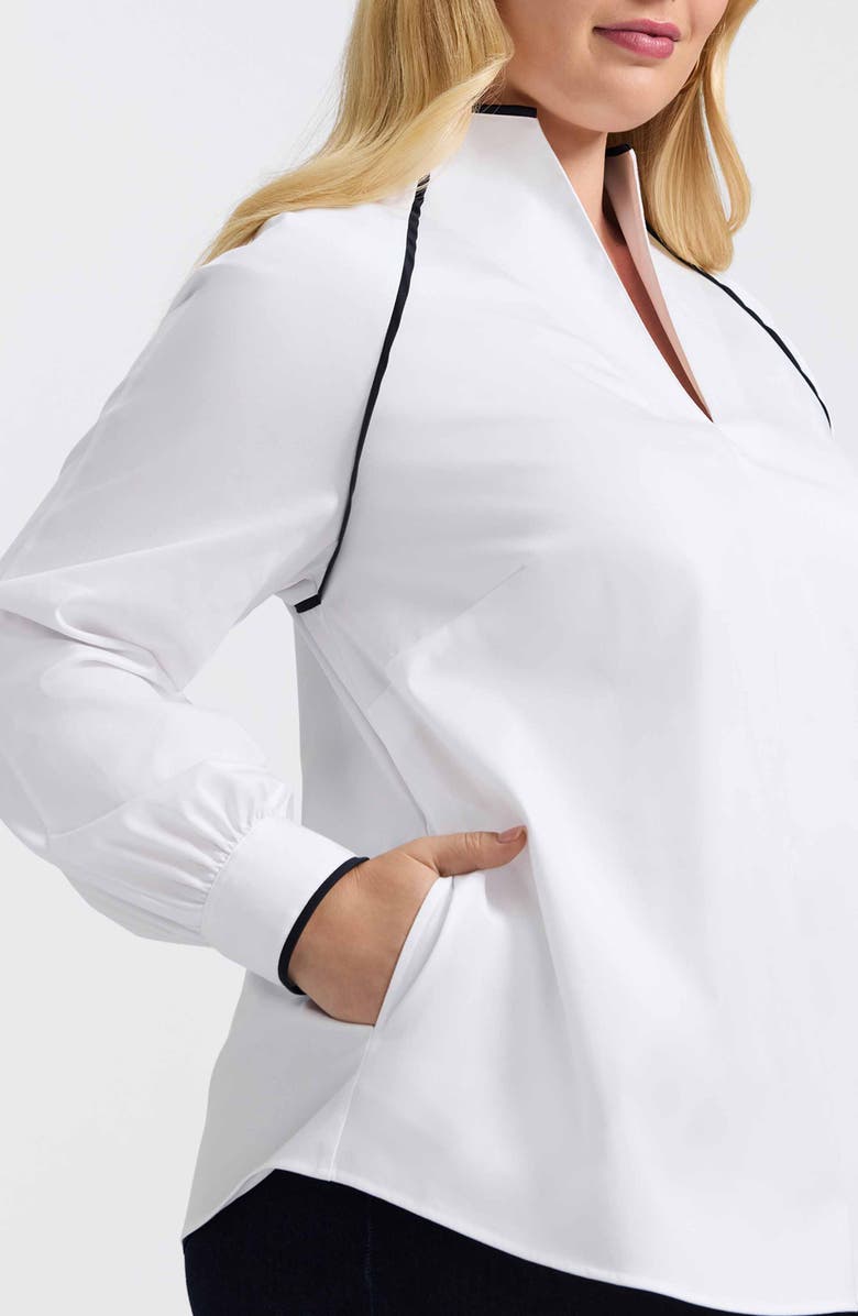 Foxcroft Daphne Contrast Piping Stretch Cotton Blend Pullover, Alternate, color, White