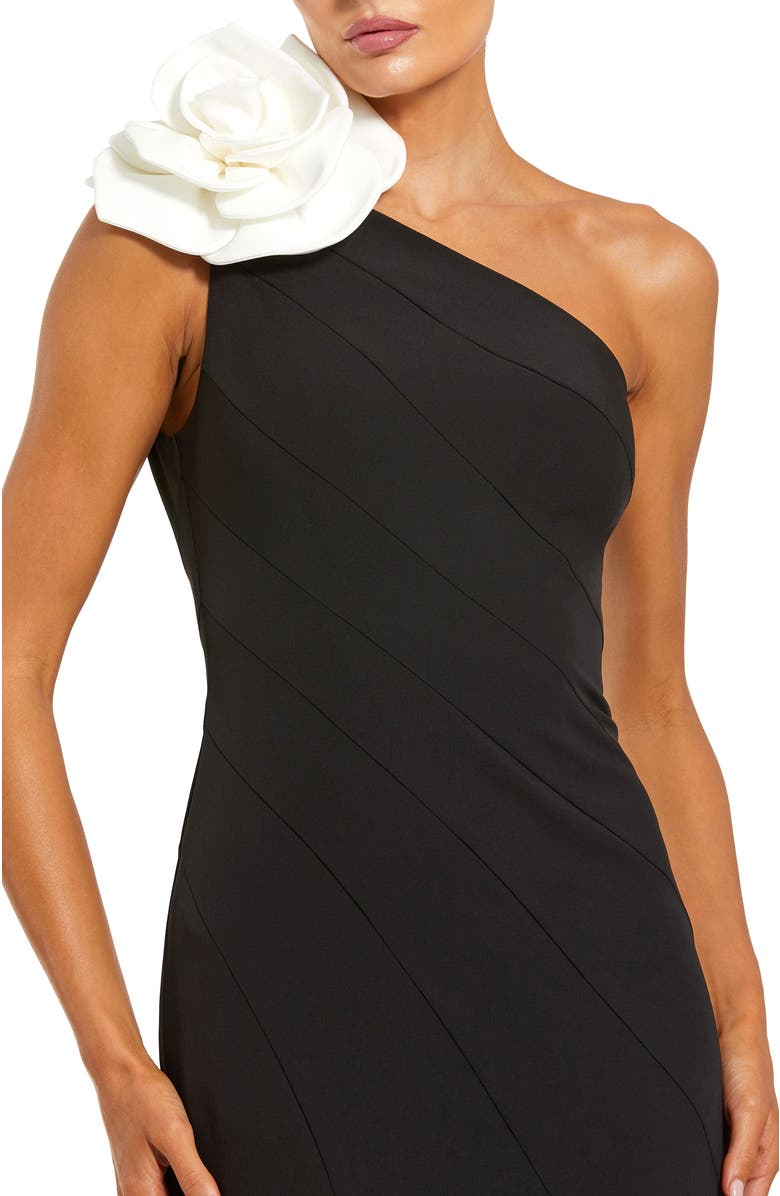 Mac Duggal Crepe One Shoulder Mermaid Gown With 3D Flower, Alternate, color, Black Ivory