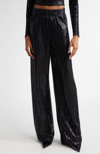 Alice And Olivia Elba Sequined Straight-leg Pants In Black