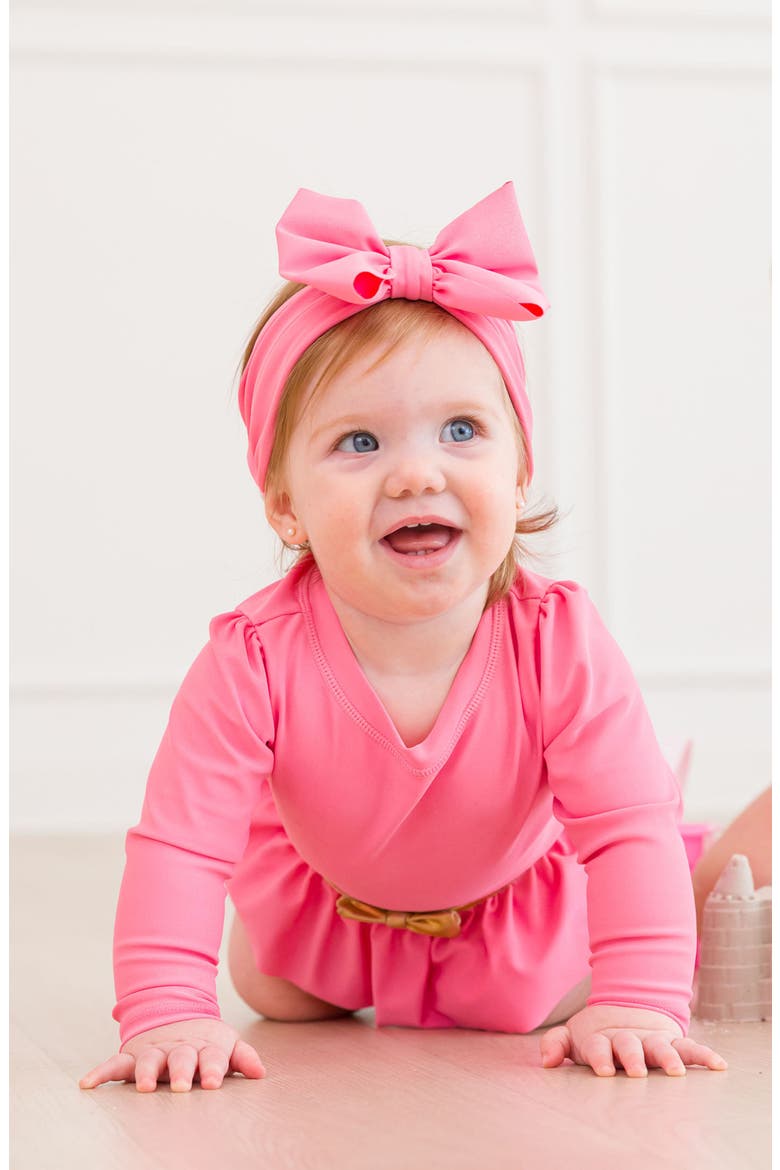 Princess One-Piece Rashguard Swimsuit & Bow Head Wrap Set, Alternate, color, PINK