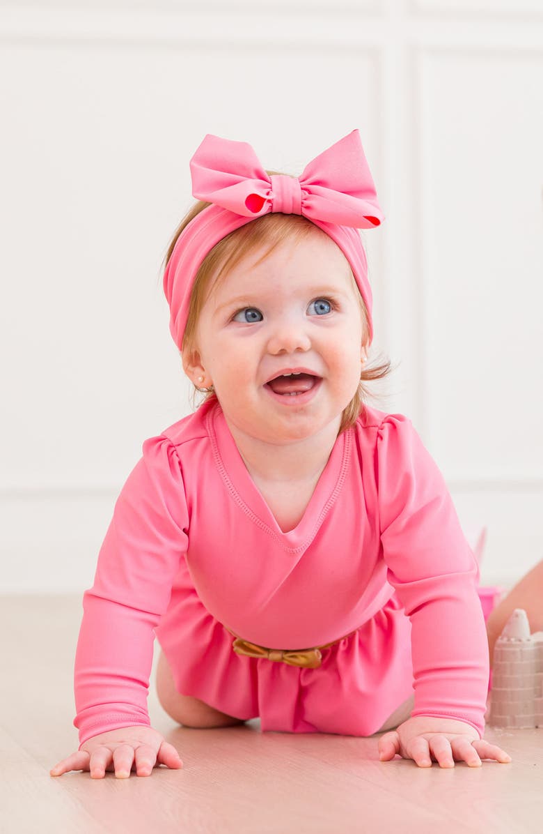 RuffleButts Princess One-Piece Rashguard Swimsuit & Bow Head Wrap Set, Alternate, color, Pink