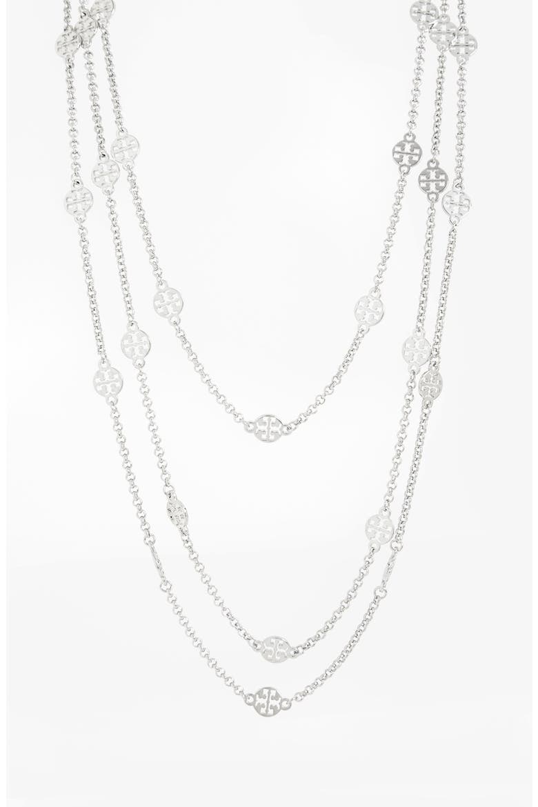 Long Multistrand Logo Station Necklace, Alternate, color, TORY SILVER