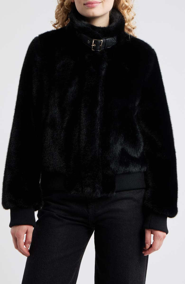 BCBG Faux Mink Bomber Jacket, Alternate, color, Black