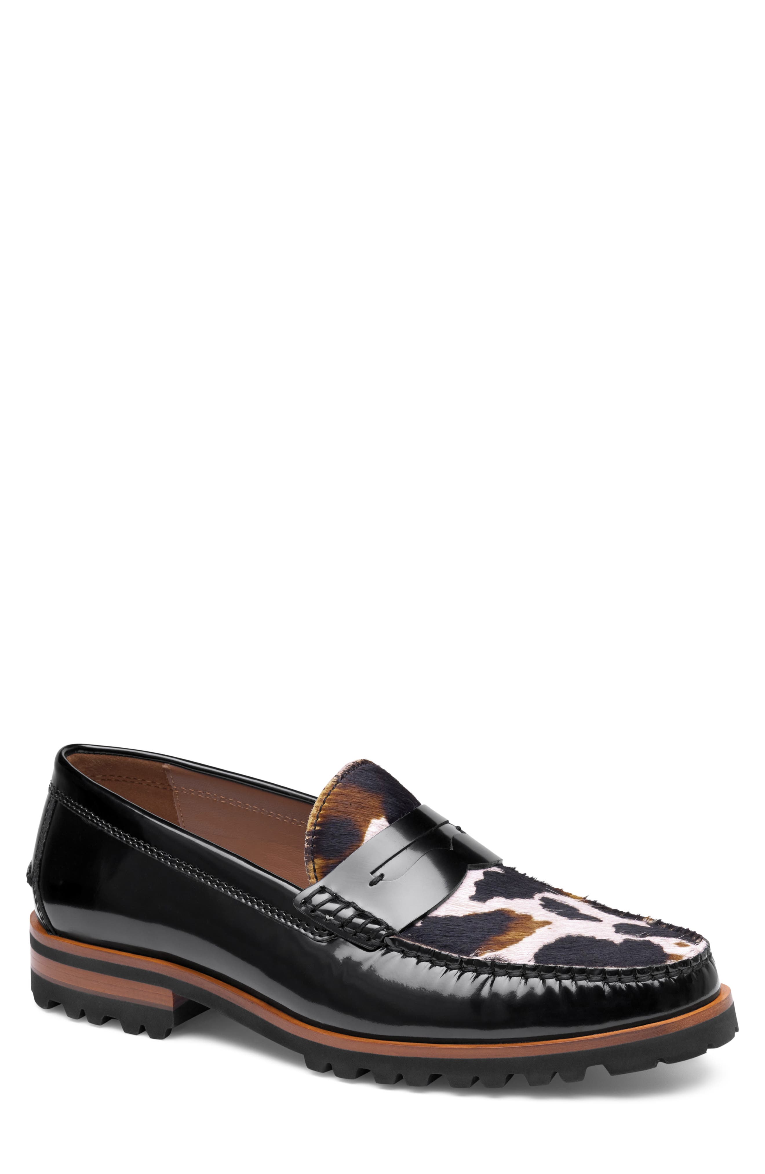Baldwin Lug Sole Penny Loafer, Main, color, BLACK/ WHITE MULTI HAIRCALF