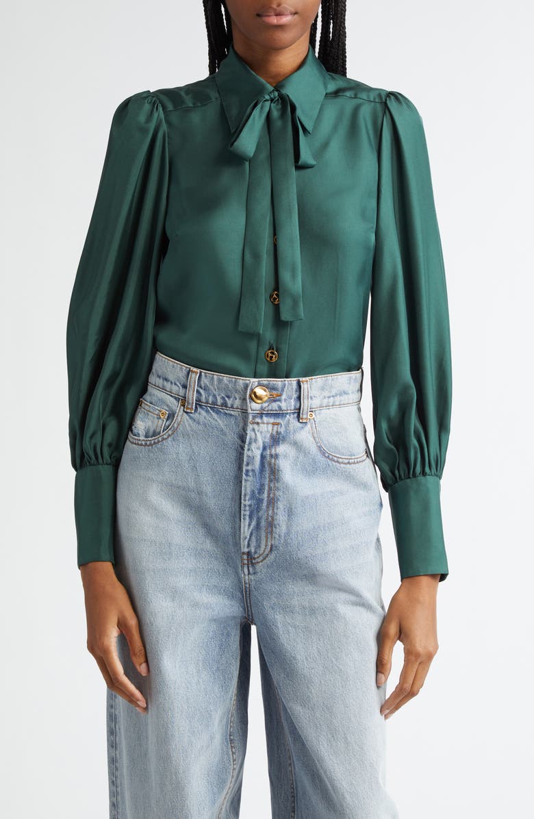 Zimmermann Silk Satin Tie Neck Button-Up Shirt, Main, color, 