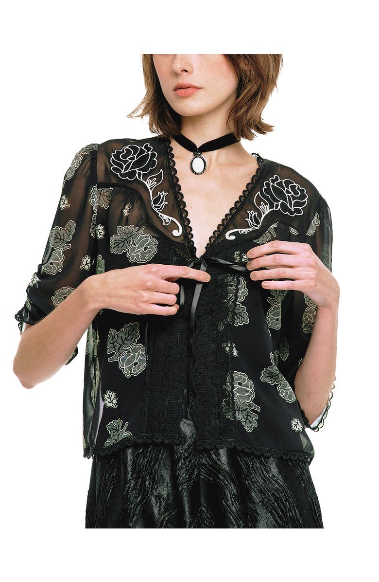 Anna Sui Lily and Roses Chiffon Combo Embroidered Bed Jacket, Main, color, Black