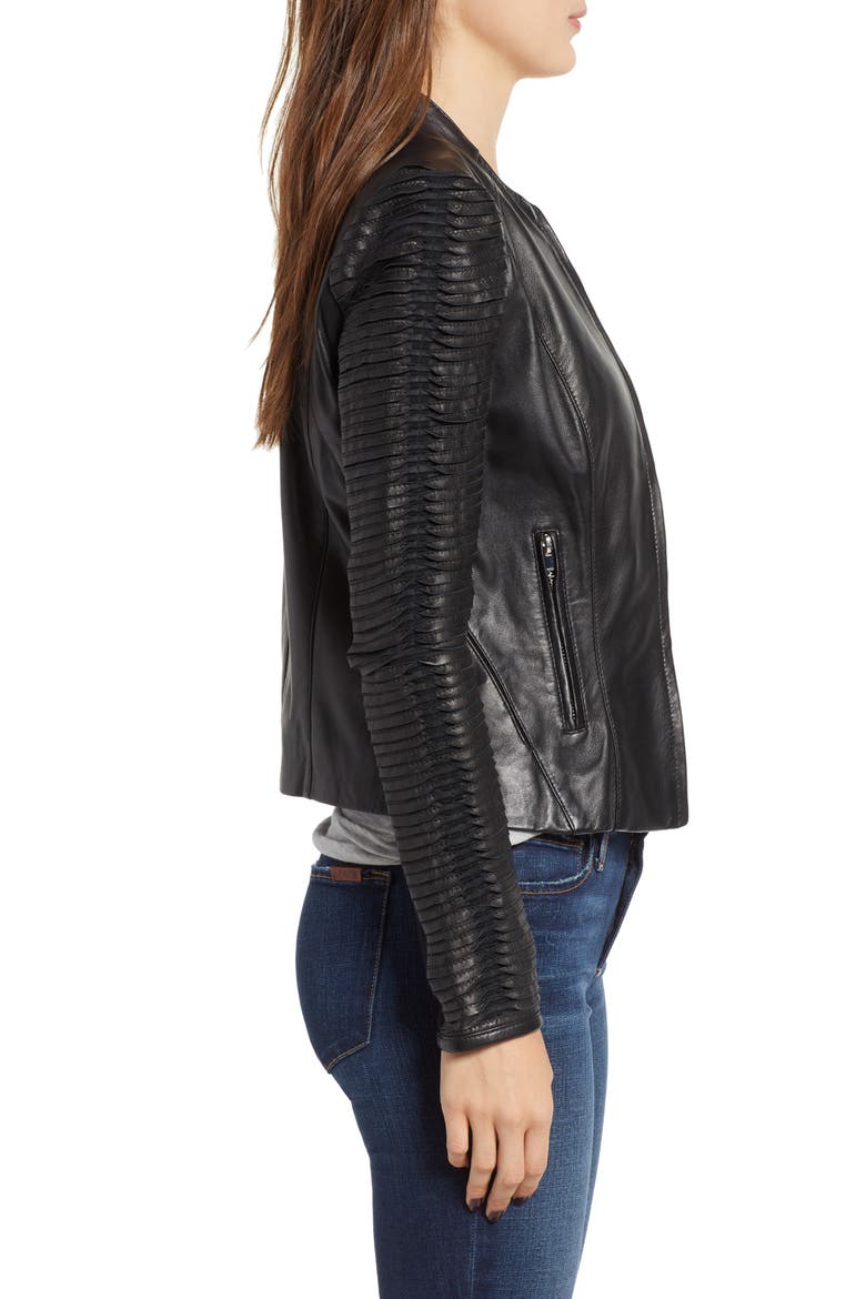 Collarless Pleated Sleeve Leather Jacket, Alternate, color, BLACK